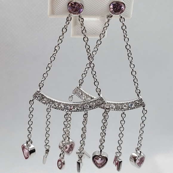 925 Silver Dangling CZ Hearts MOM Earrings - Picture 4 of 8